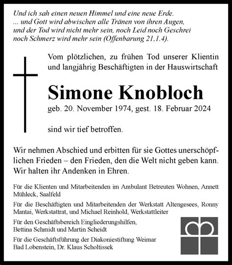 Traueranzeigen Von Simone Knobloch Trauer In Thueringen De