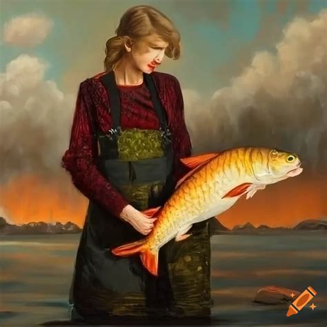 Oil Painting Of Taylor Swift In A River Holding A Carp