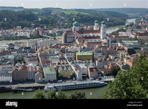 Aerial view of Passau, with River Danube in foreground and River Inn in ...