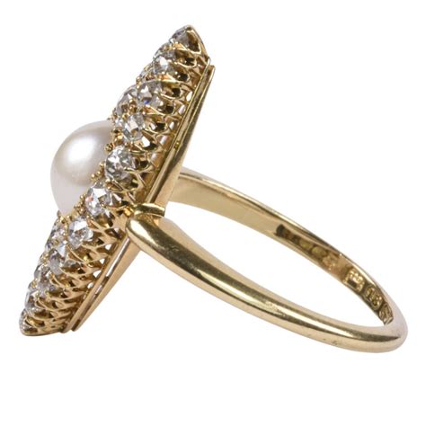 Victorian K Gold Diamond Pearl Navette Ring Ejay Antiques