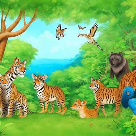 Familia De Tigres En Una Escena De Bosque O Selva Tropical Con Muchos