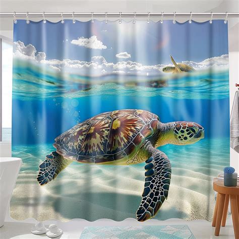 Ocean Serenity Turtle Swimming Shower Curtain Tranquil Beach Scene