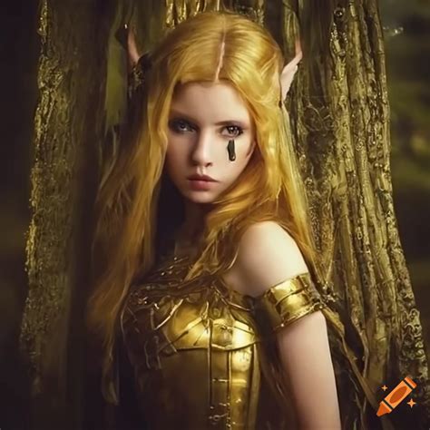 Image Of A Beautiful Elf Girl In Golden Armor On Craiyon