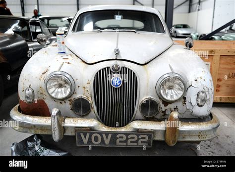 Old vintage cars Jaguar car waiting to be restored at Classic Motor ...