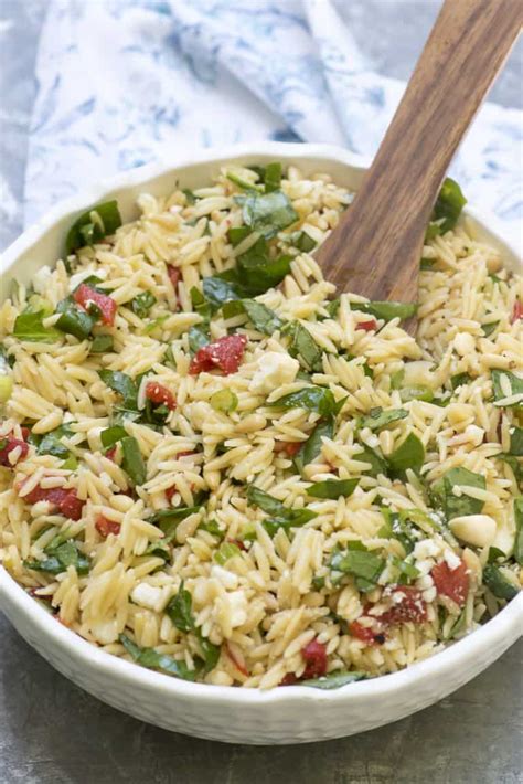 Orzo Salad With Roasted Red Peppers Spinach And Feta Valeries Kitchen