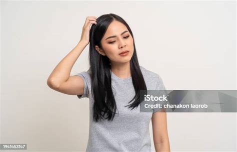 Young Woman Itchy Head There Is A Fungus On The Scalp Dandruff Red Rash