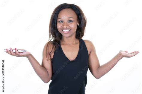 Brunette African American Business Woman Spreads Out Her Hands