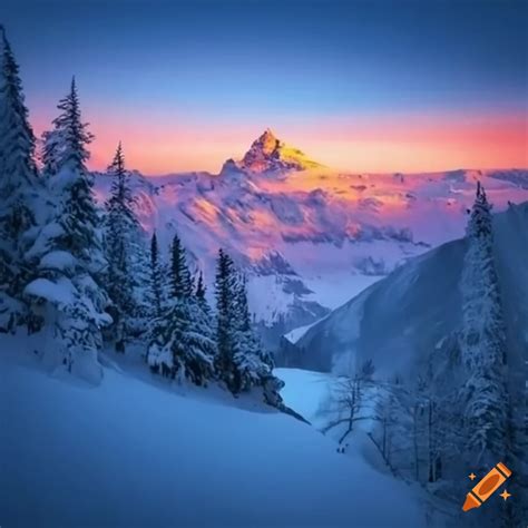 Montagne Avec De La Neige Et Un Coucher De Soleil