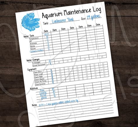 PRINTABLE Aquarium Maintenance Log Sheet Fish Tank Journal Letter