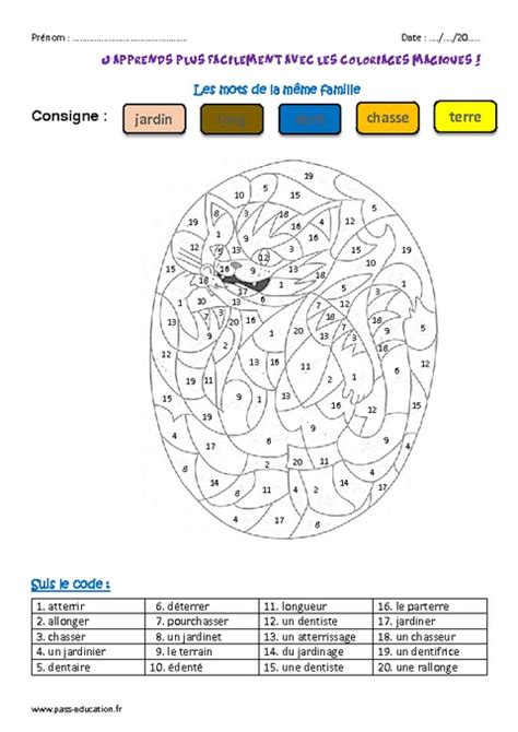 Mots de la même famille Ce2 Coloriage magique Pass Education