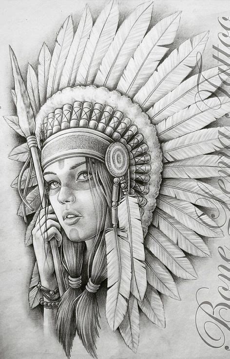 A Drawing Of A Native American Girl With Feathers On Her Head