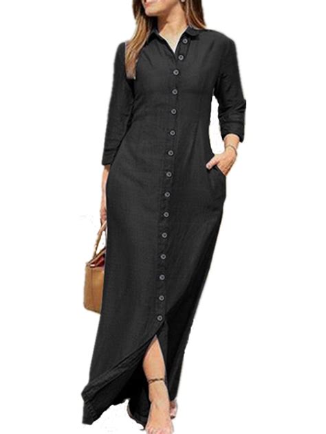 ZNU Womens Denim Button Down Maxi Shirt Dress Lady Long Sleeve Pockets