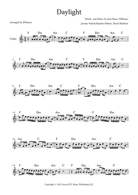 Daylight Arr Btmusic By David Kushner Sheet Music For Violin Solo At