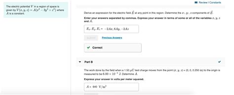 Solved The Electric Potential V In A Region Of Space Is Chegg