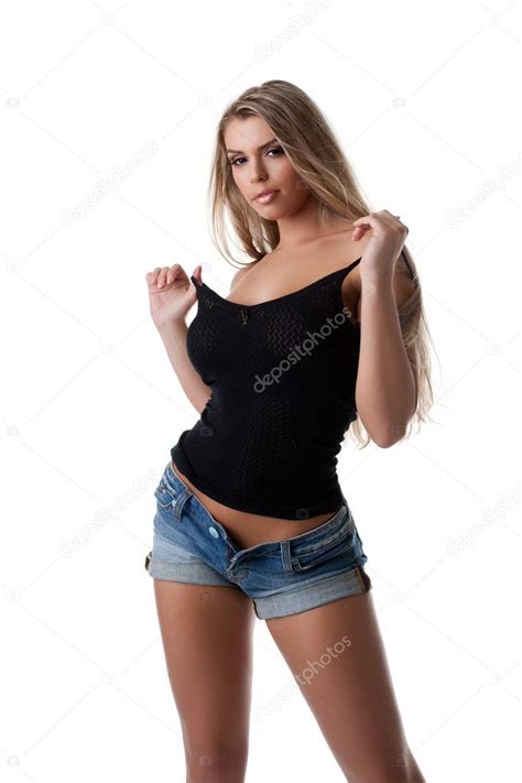 Sexy Blonde Woman In Black Tank Top And Jeans Stock Photo By Wisky