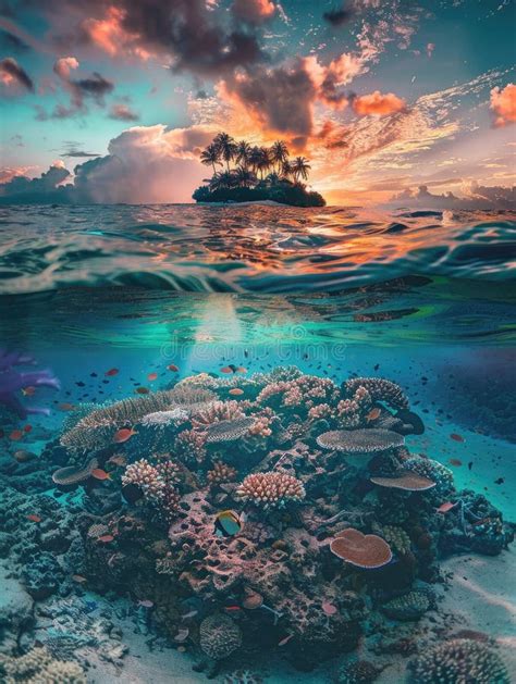 Tropical Island And Coral Reef Split View With Waterline Stock