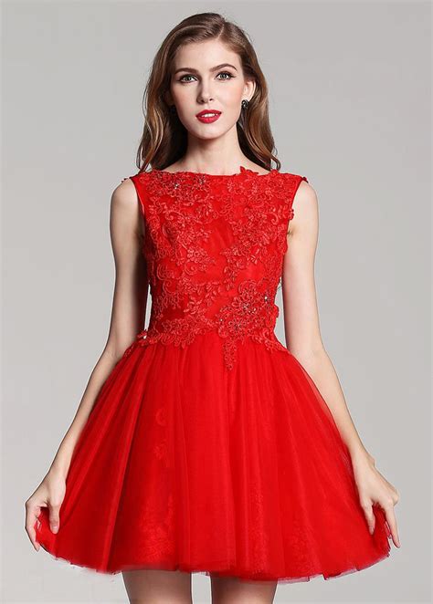 A Line Red Lace Tulle Short Evening Dress