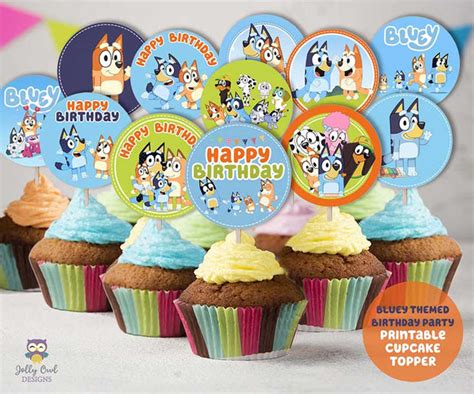 Bluey Themed Birthday Party Printable Cupcake Topper Instant Download Jolly Owl Designs