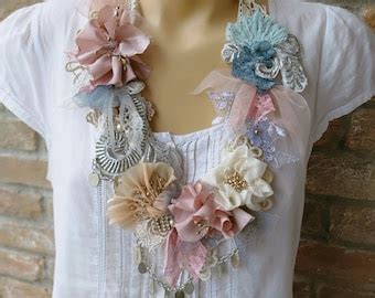 Shabby Chic Necklace Altered Couture Textile Flowers Bohemian