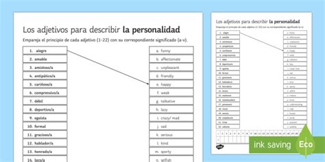 Adjectives For Personality Description Matching Worksheet Worksheet