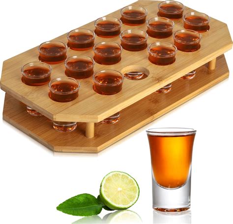 Soujoy Shot Glass Tray Holder With 16 Glasses 1 Oz Shot