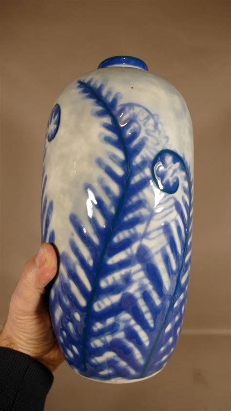 Camille Tharaud Grand Vase Art Déco Fougères Bleues En Porcelaine D