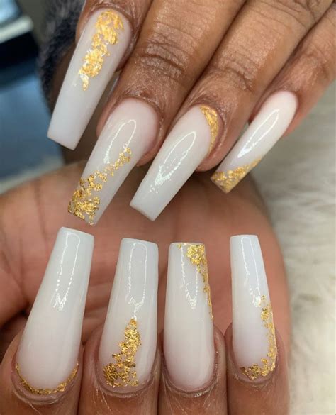 White Nails With Gold Foil White Nails With Gold Gold Acrylic Nails