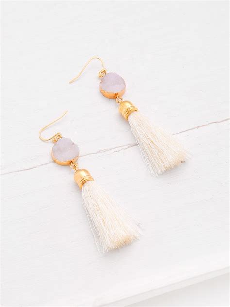 Crystal Detail Tassel Drop Earrings Tiny Stud Earrings Tassel Drop