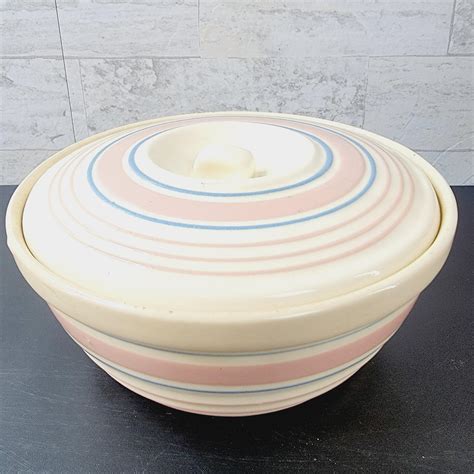 Vintage McCoy Stoneware Pottery Covered Serving Bowl Pink/Blue Rings