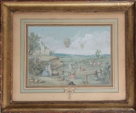 French School Th Century Country Scene With Hot Air Balloons