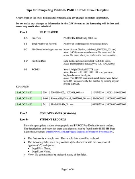 Fillable Online Isbe Tips For Completing ISBE SIS PARCC Excel Template