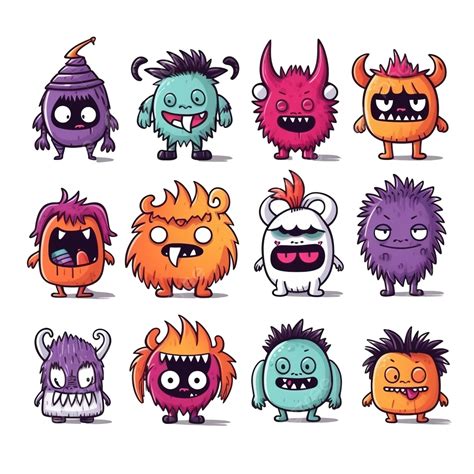 Hand Drawn Set Of Cartoon Cute Monsters Halloween Design Monster Face