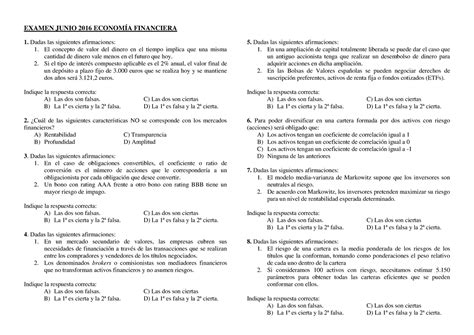 Test Y Practica Junio De Economia Financiera Examen Junio