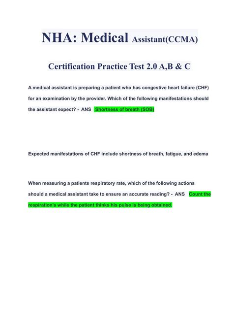 NHA Medical Assistant CCMA Certification Practice Test 2 0 A B C