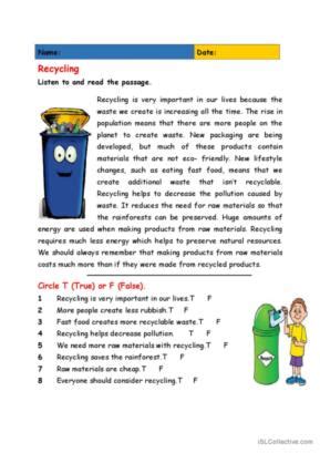 Recycling Reading Comprehension Passage Worksheetspack Hot Sex Picture