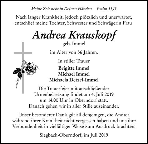 Traueranzeigen Von Andrea Krauskopf Vrm Trauer De