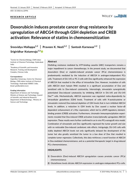 PDF Doxorubicin Induces Prostate Cancer Drug Resistance By