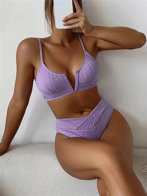 Sexy High Waist Bikinis Swimwear Women Deep V Neck Solid Swimsuit 2023