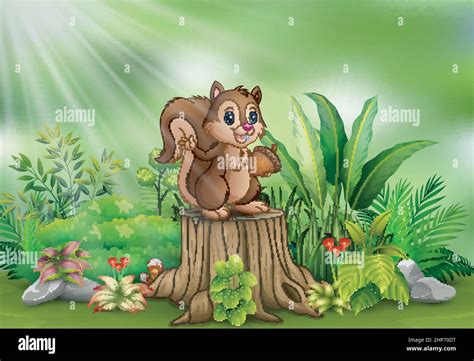 Cartoon Funny Squirrel Holding Pine Cone And Standing On Tree Stump