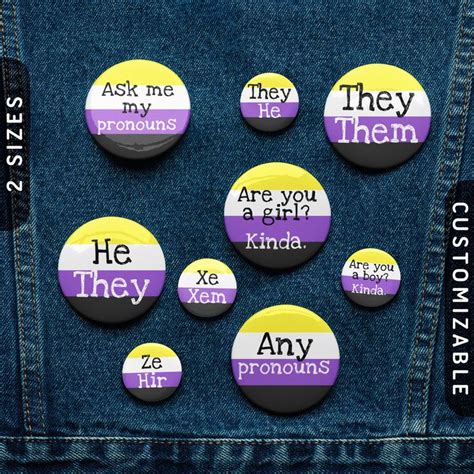 Nonbinary Pronoun Pin Buttons Enby Pride Flag Tin Pins Custom NB