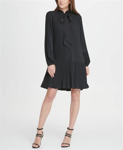 Dkny Long Sleeve Tie Neck Pleated Shift Dress And Reviews Dresses