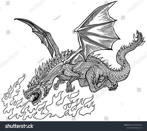 Firebreathing Dragon Flight Classic European Mythological Stock Vector