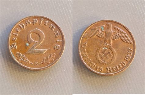 1937 E Drittes Reich 2 Pfennig Ss Selten Fleckig MA Shops