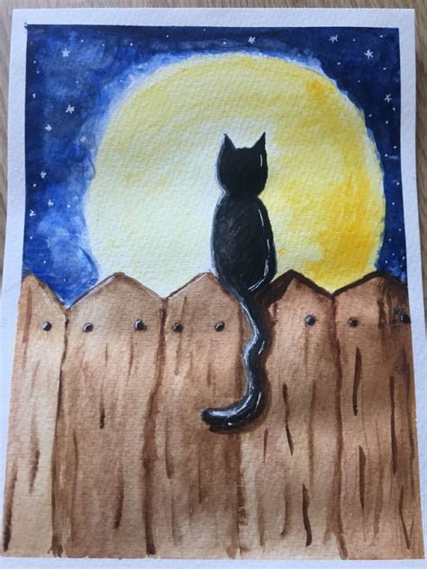 Cat On The Night Easy Watercolor Painting