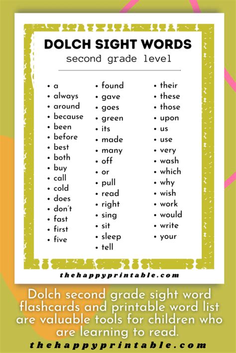 Second Grade Dolch Sight Word Flashcards | The Happy Printable