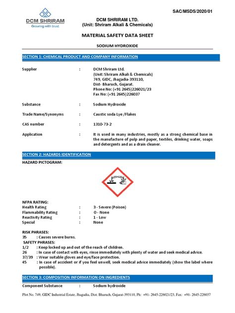 Msds Caustic Soda Pdf Sodium Hydroxide Water