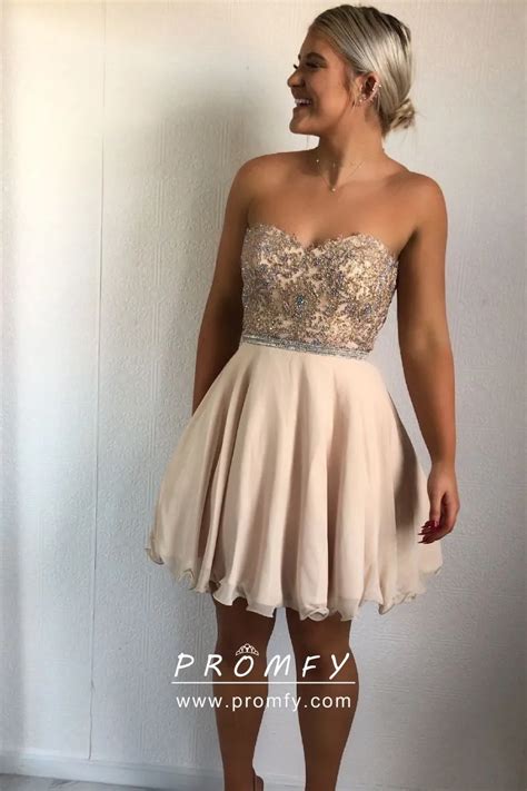 Sparkly Beaded Nude Champagne Strapless Sweetheart A Line Cocktail