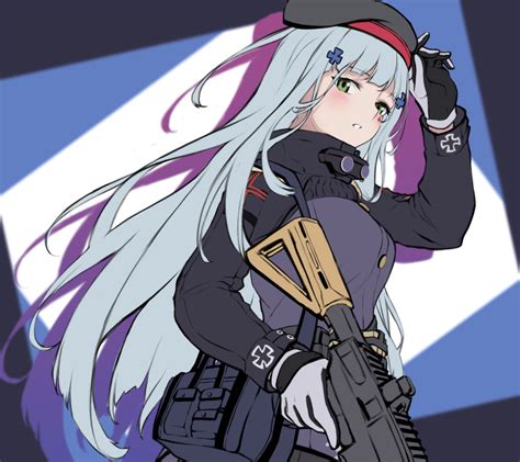 Safebooru 1girl 3 Small Spiders O Assault Rifle Bangs Beret Black