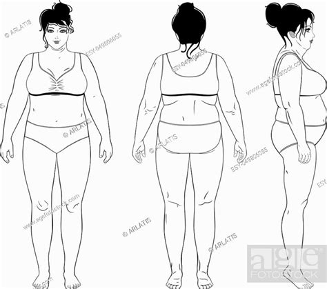 Full Length Front Back Side View Of A Fat Standing Naked Woman