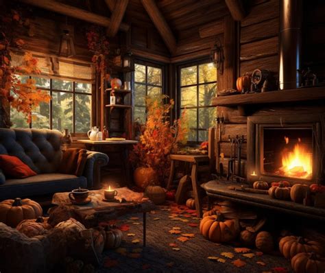 Premium AI Image | A cozy cabin with a roaring fire and autumn decor